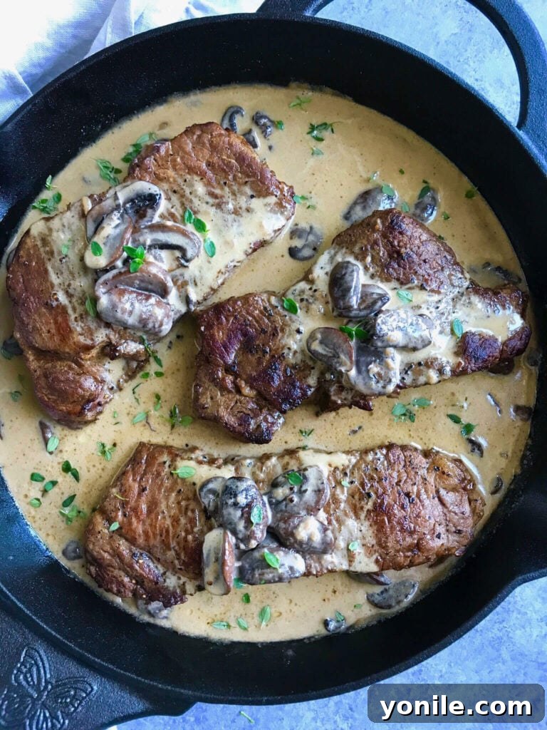 Creamy Mushroom Steak, perfectly seared and drizzled with a rich mushroom sauce