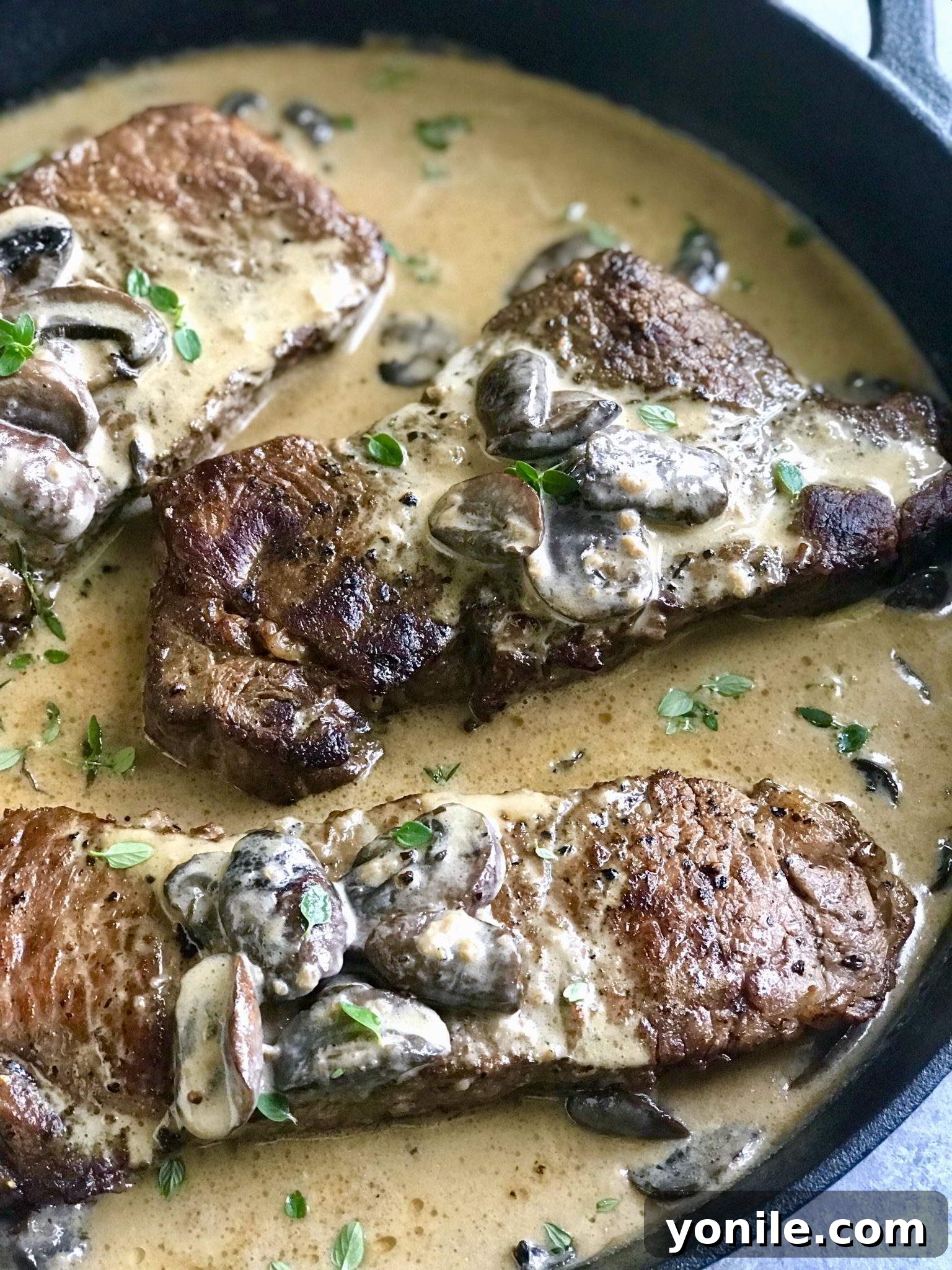 Creamy Mushroom Steak plated with side dishes