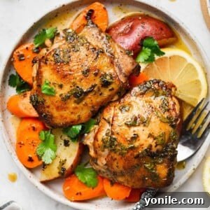 Two pieces of chicken thighs in a plate with veggies and fork