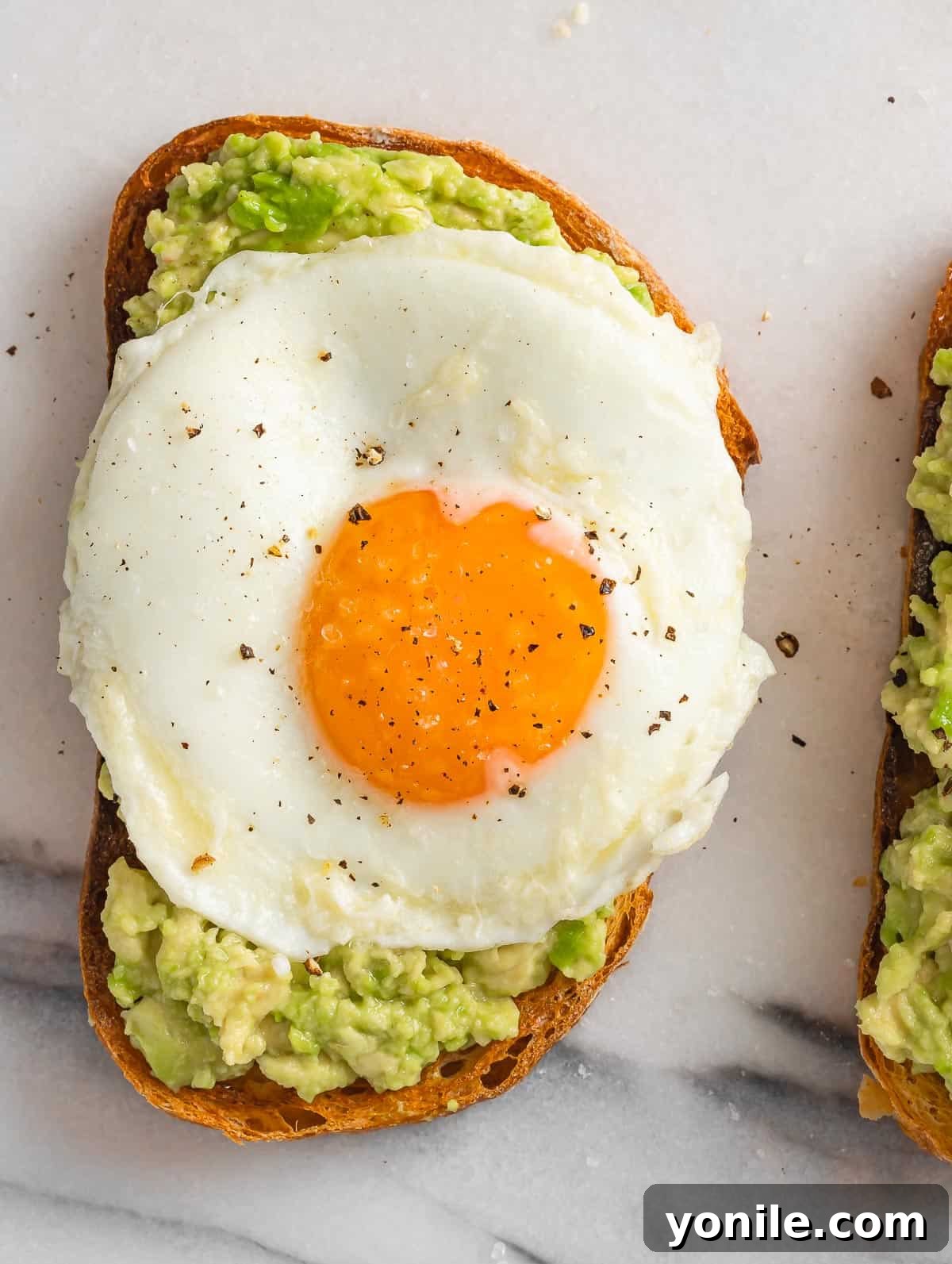 The Perfect Avocado and Egg Toast 5 Avocado spread on a slice of toasted bread, elegantly topped with a perfectly fried egg, showcasing its invitingly runny yolk.