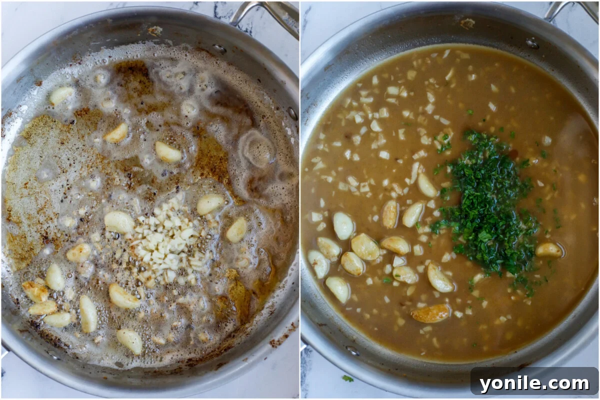 A rich, buttery lemon garlic sauce simmering in a skillet, creating a fragrant aroma.