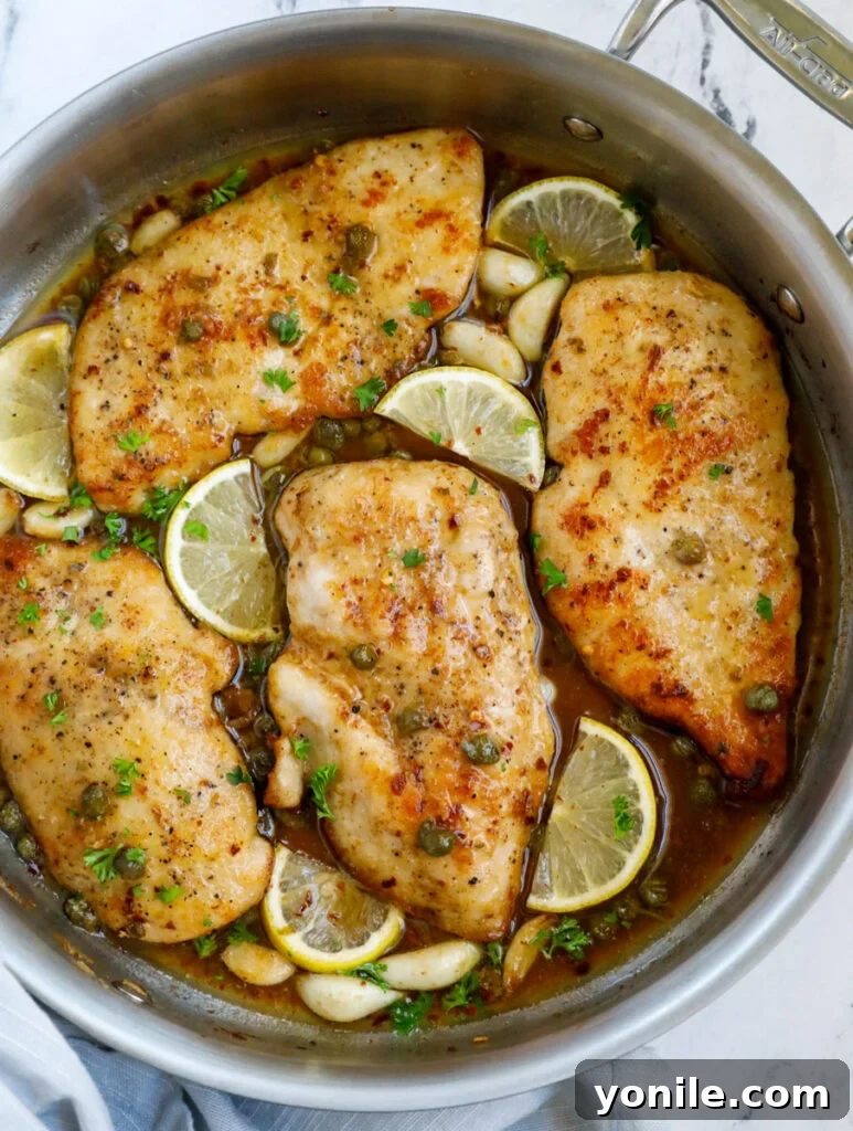 Top down view of lemon chicken piccata in a pot.