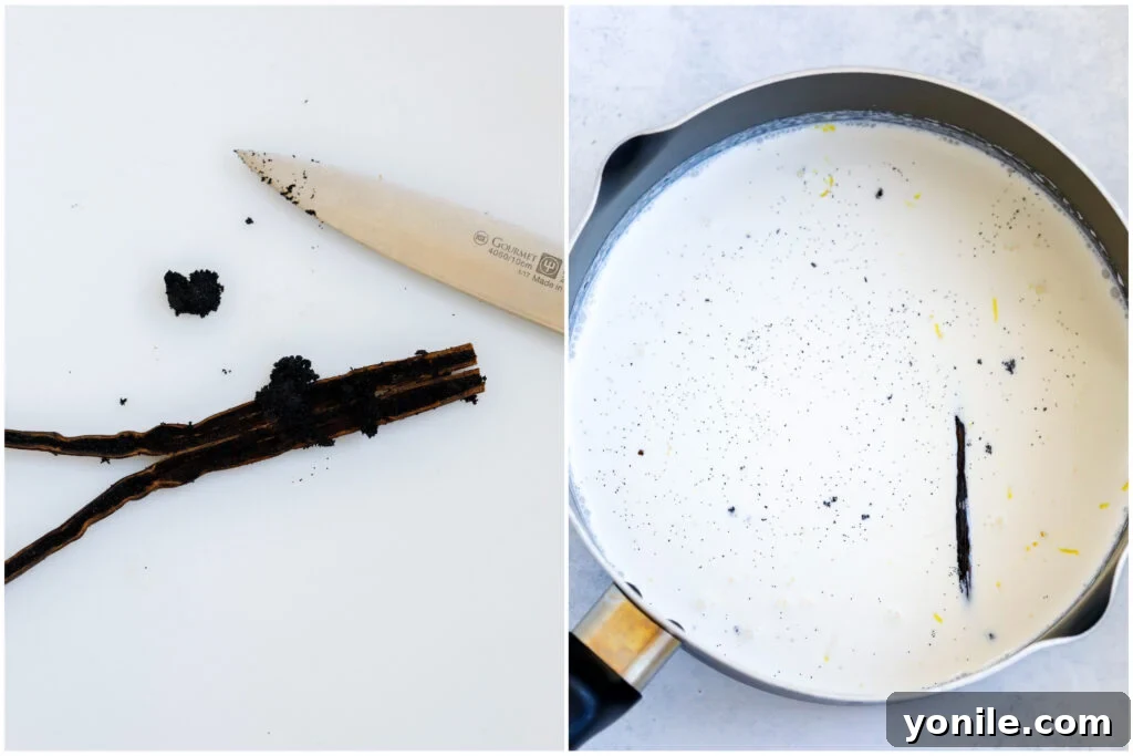 Close-up of vanilla pods in a saucepan with cream, infusing flavor.