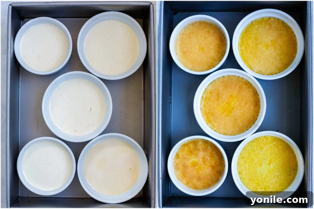 Side-by-side comparison of custards in ramekins before and after baking in a water bath.