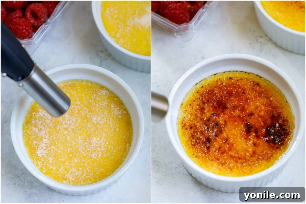 Before and after shots of sugar being torched on top of crème brûlée, forming a golden caramel crust.
