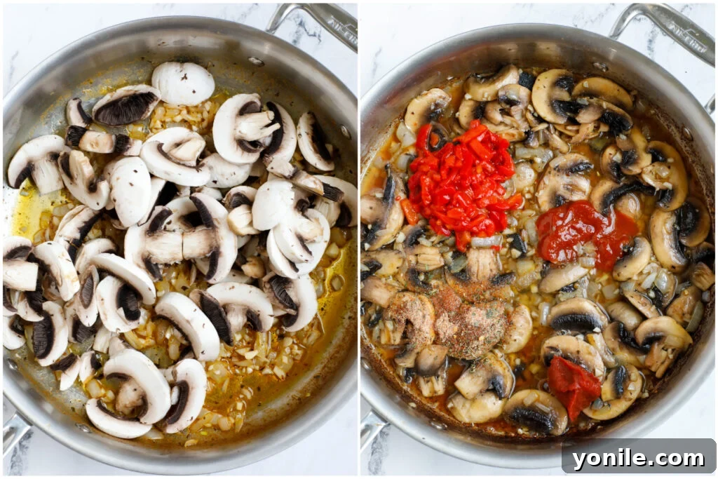 Adding mushrooms and tomato paste to a pan.