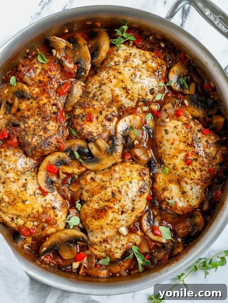 Overhead view of Tuscan Chicken in a pan.