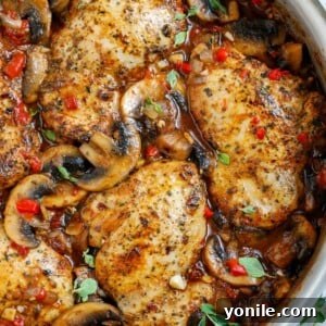 Top down shot of tuscan chicken in a pot.