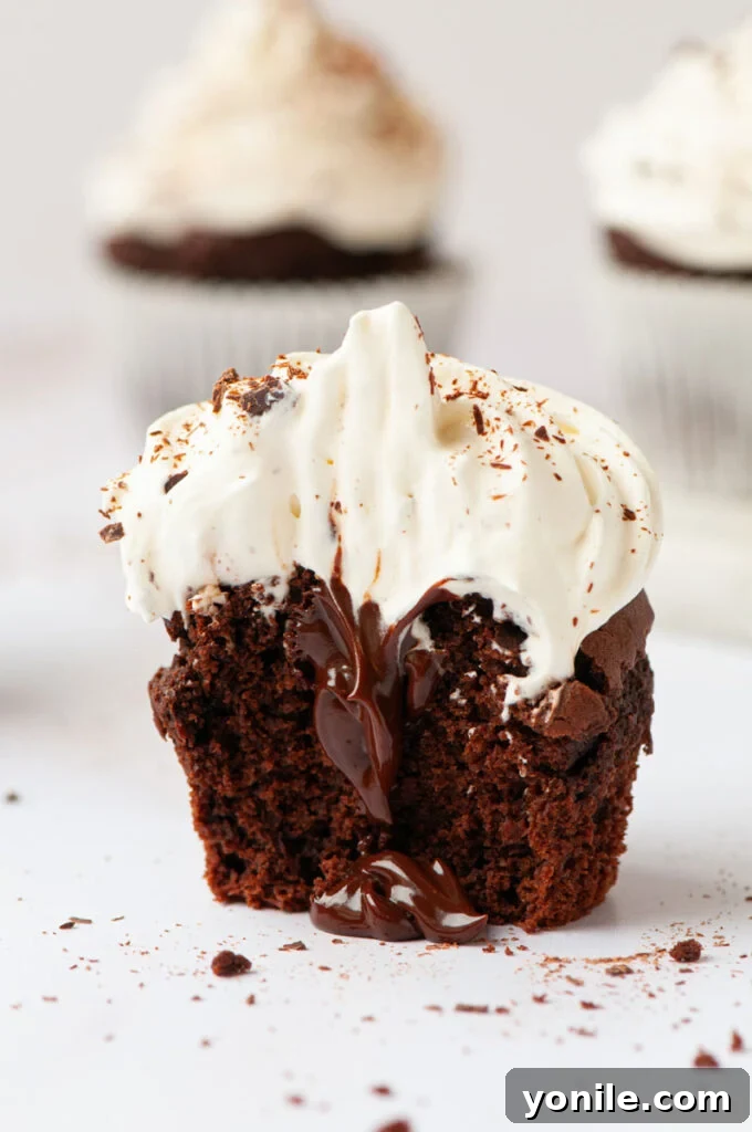 Decadent Vegan Chocolate Delights 2 chocolate cupcake with whip cream on top and chocolate in the middle and a bite taken out of it