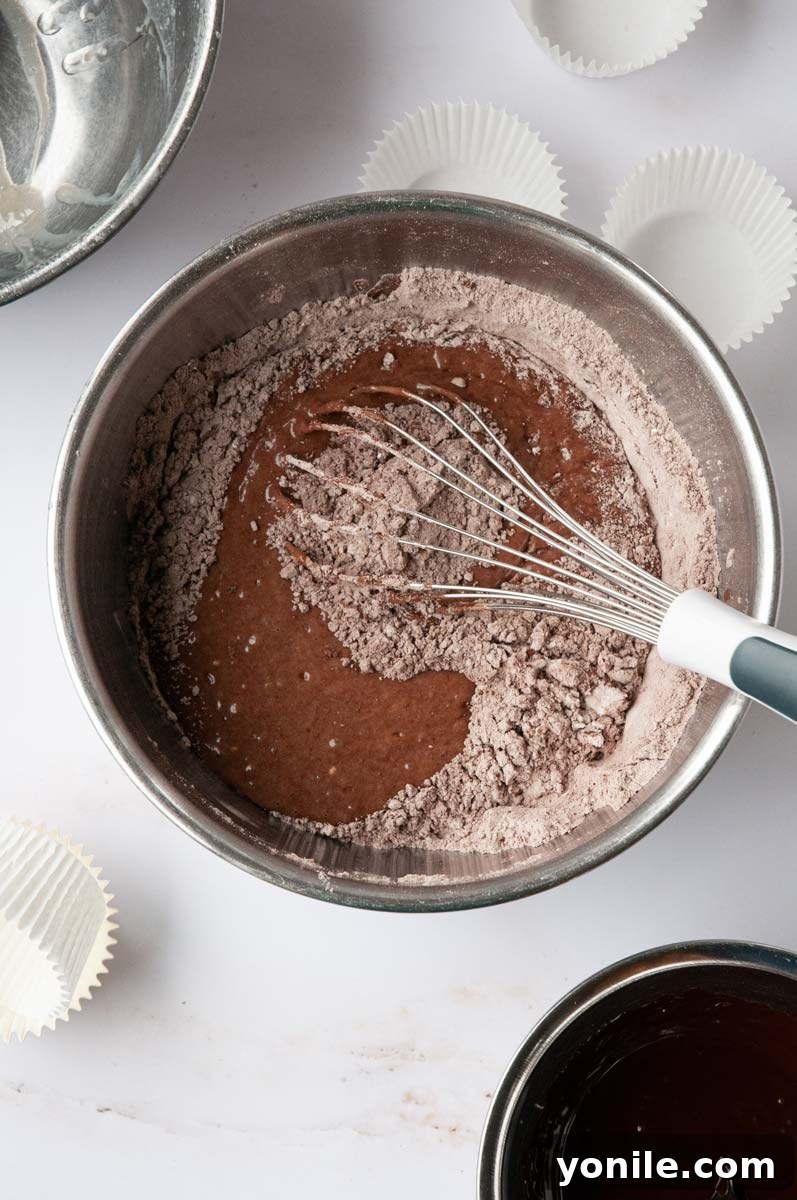Decadent Vegan Chocolate Delights 3 dry cake mixture being mixed with wet mixture in a bowl