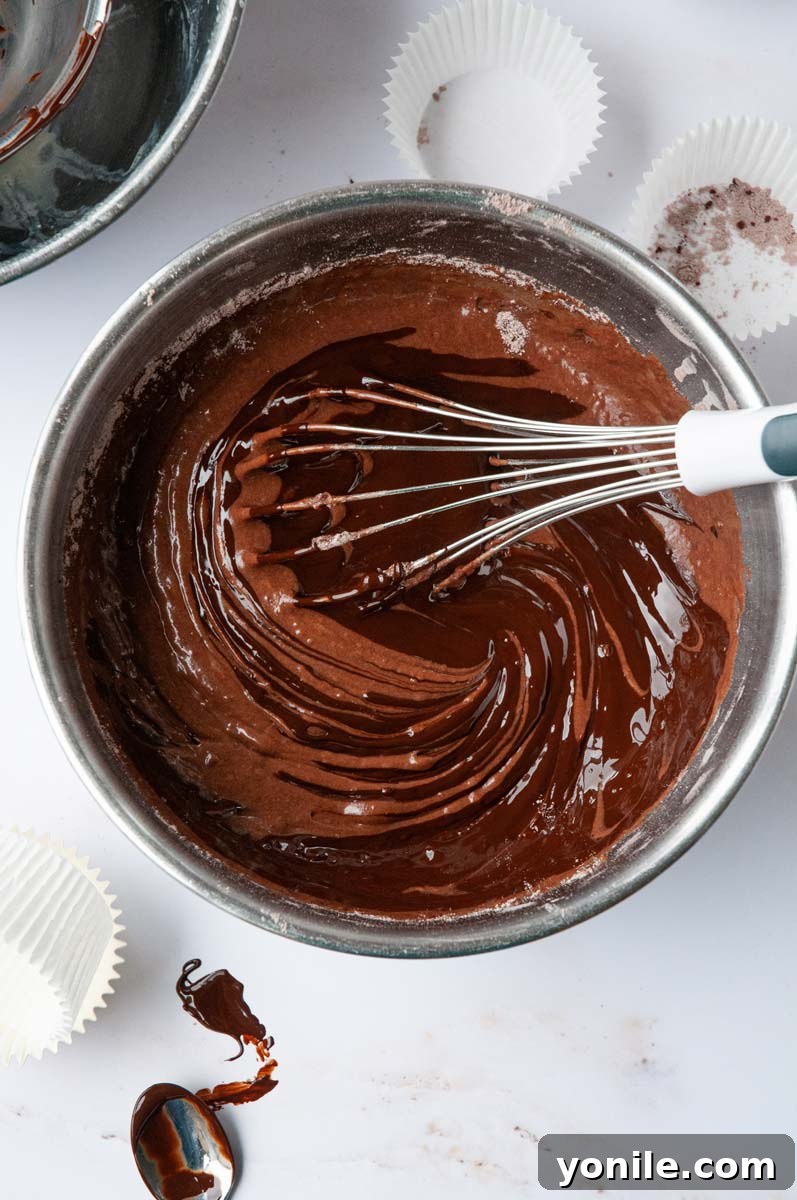 Decadent Vegan Chocolate Delights 4 melted chocolate being mixed into the cake batter