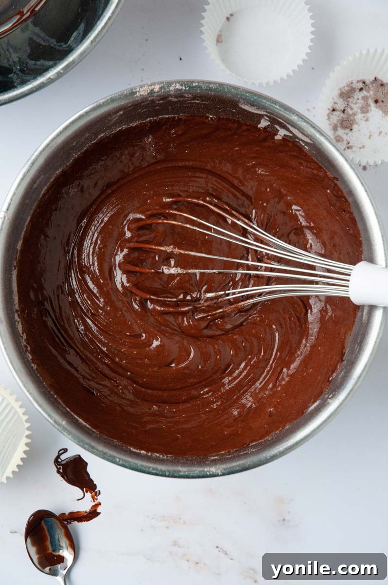 Decadent Vegan Chocolate Delights 5 top down view of the cake batter in a bowl with a whisk inside