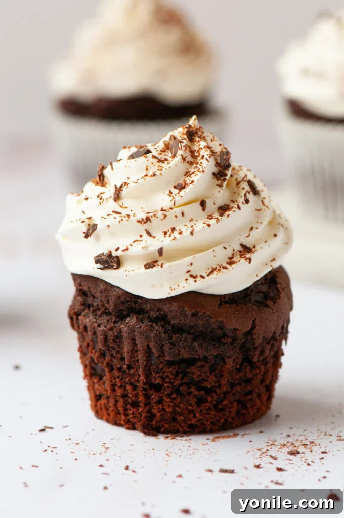 Decadent Vegan Chocolate Delights 7 chocolate cupcake with wrap taken off, topped with whipped cream