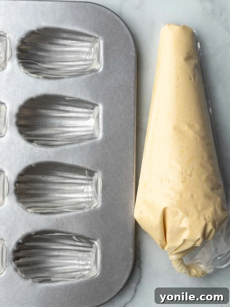 A piping bag filled with Madeleine batter resting beside an empty, prepared Madeleine pan, ready for filling.