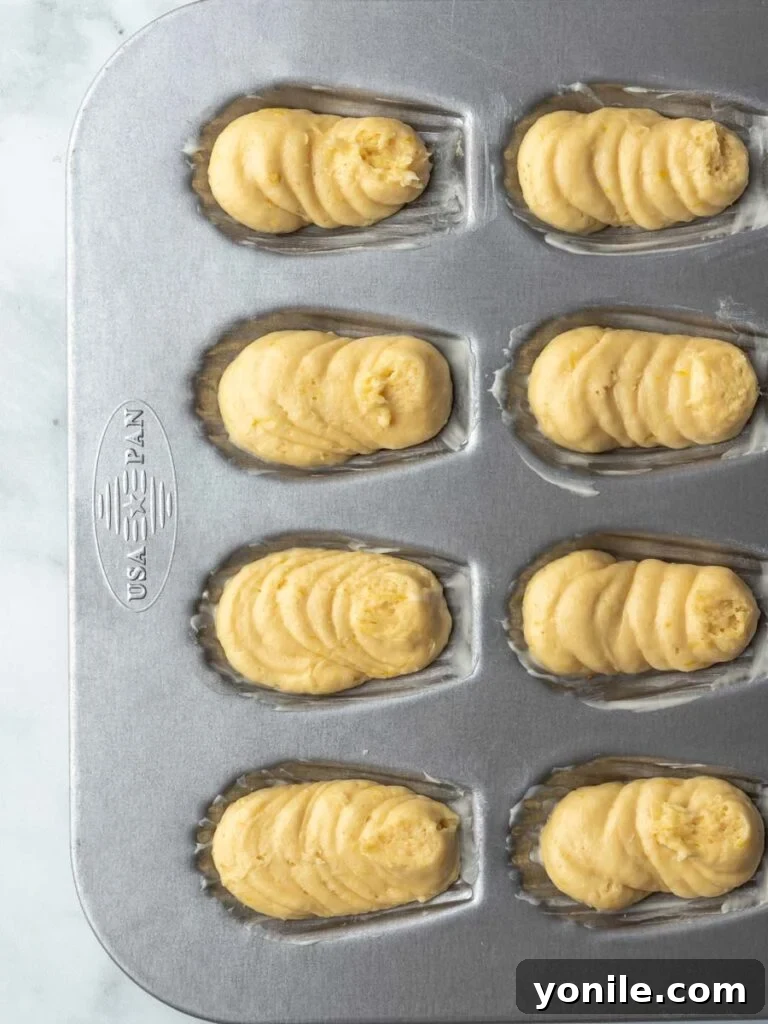 Close-up of a Madeleine pan with perfectly piped batter in each shell-shaped mold, showing the ideal fill level before baking.