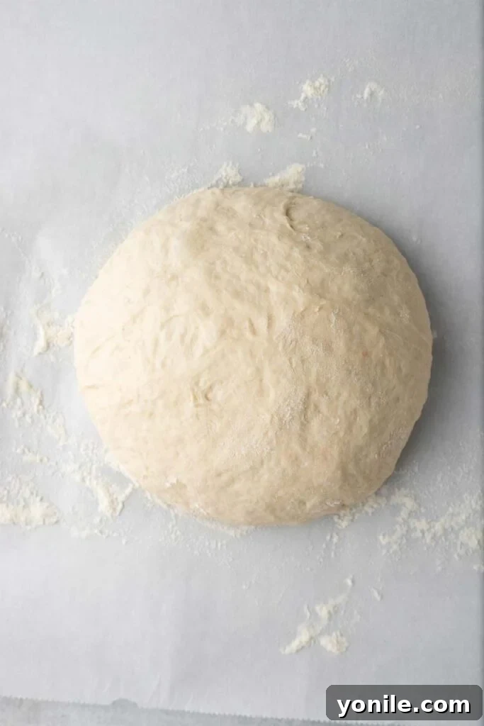 Effortless Artisan Loaf 6 No knead bread dough, perfectly shaped into a boule on parchment paper.