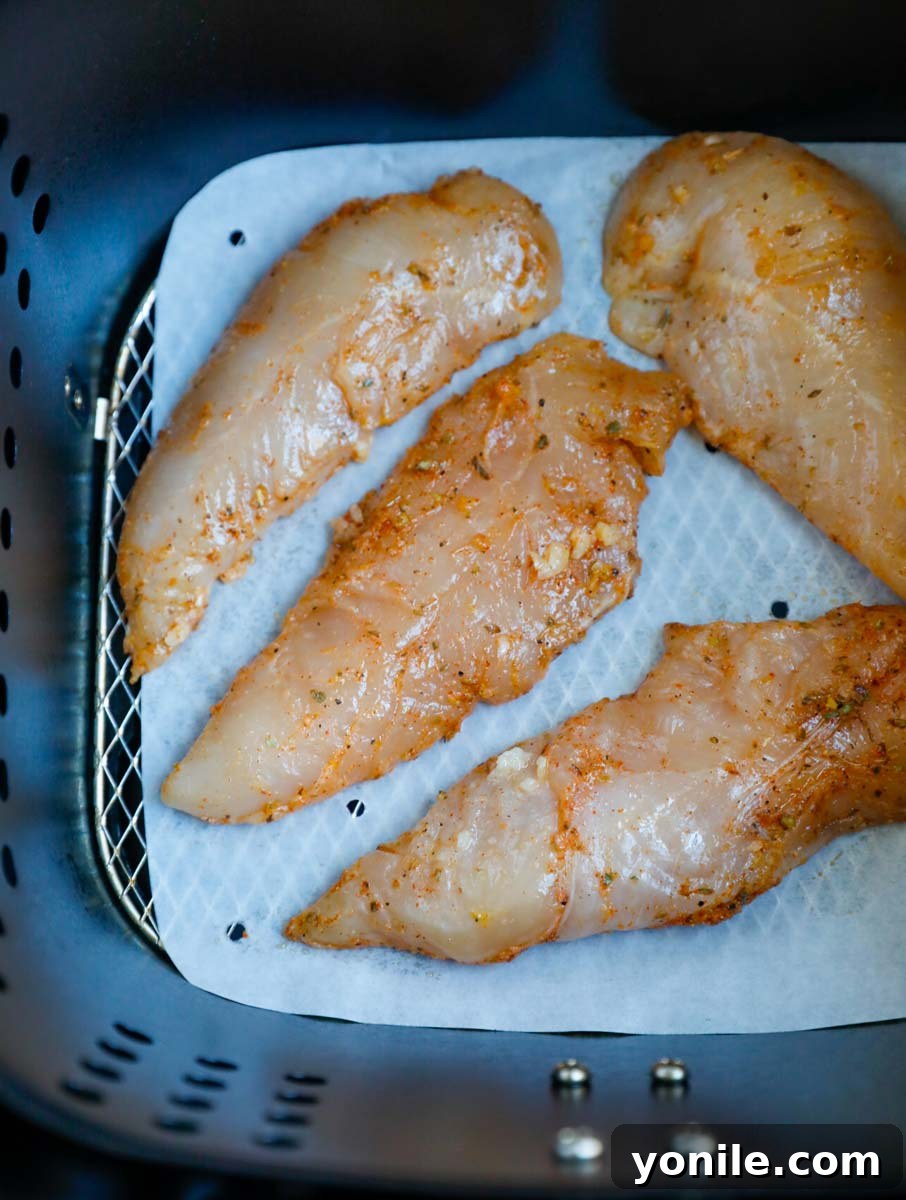 Crispy Air Fryer Lemon Pepper Chicken 5 Raw, marinated chicken tenders arranged in an air fryer basket.