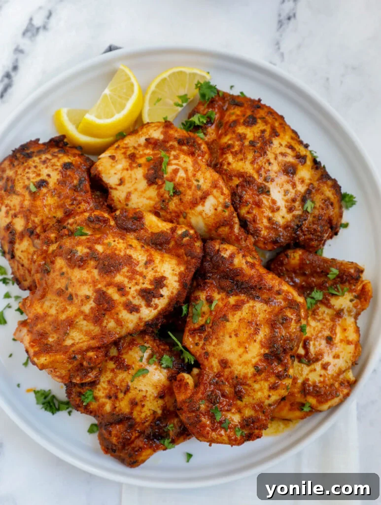 Crispy Air Fryer Chicken Thighs 2 Overhead shot of perfectly cooked air fryer boneless chicken thighs on a plate, garnished with fresh herbs.