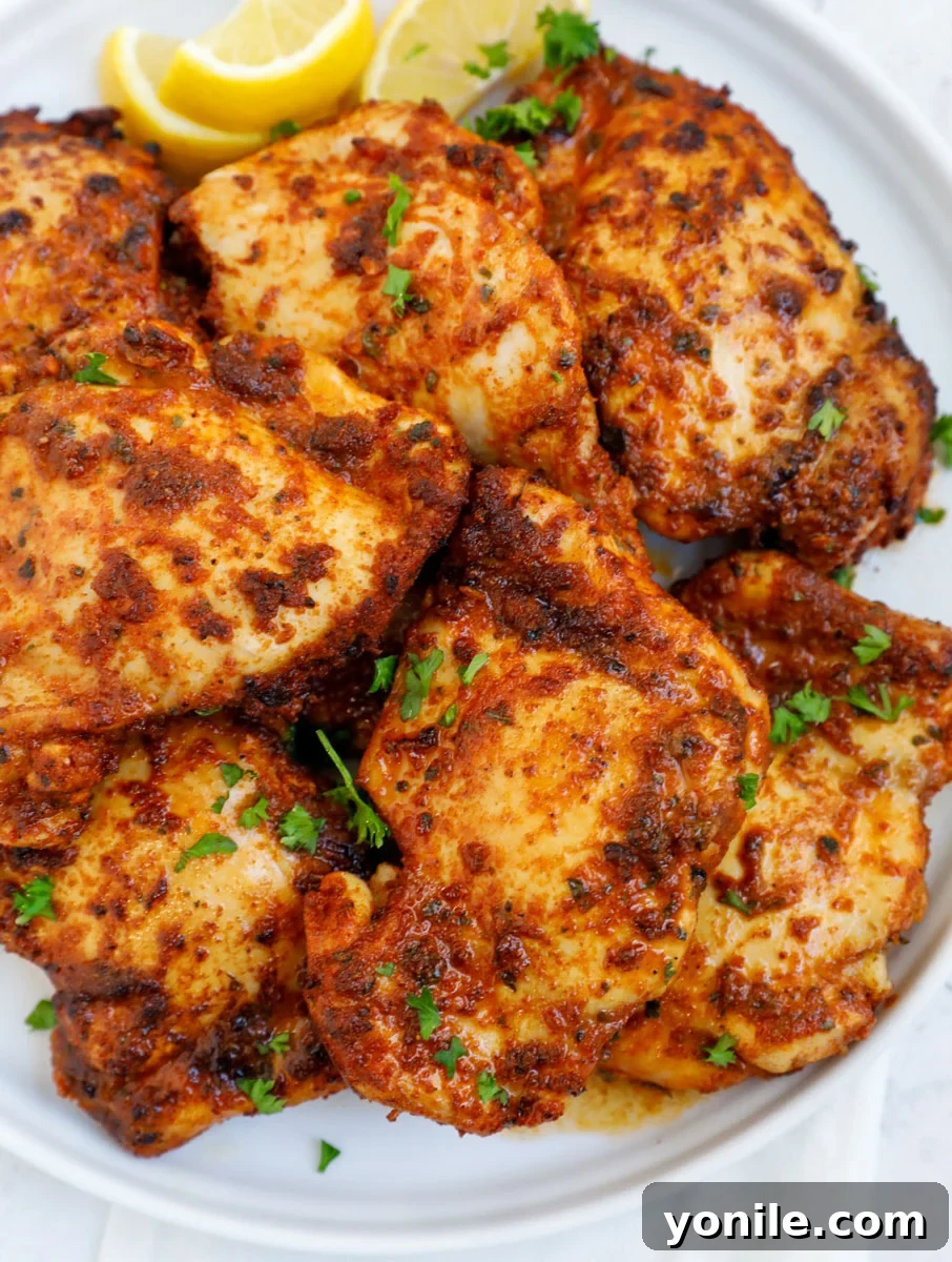 Crispy Air Fryer Chicken Thighs 7 Top down view of beautifully air fried chicken thighs, golden and ready to serve.