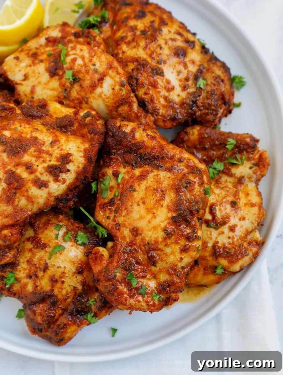 Crispy Air Fryer Chicken Thighs 8 Overhead shot of air fryer chicken thighs, garnished and ready to be served.