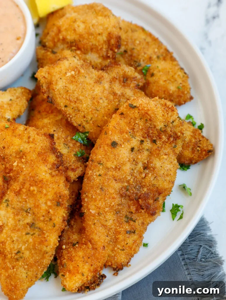 A top-down view of perfectly cooked air fryer chicken tenders arranged on a plate.