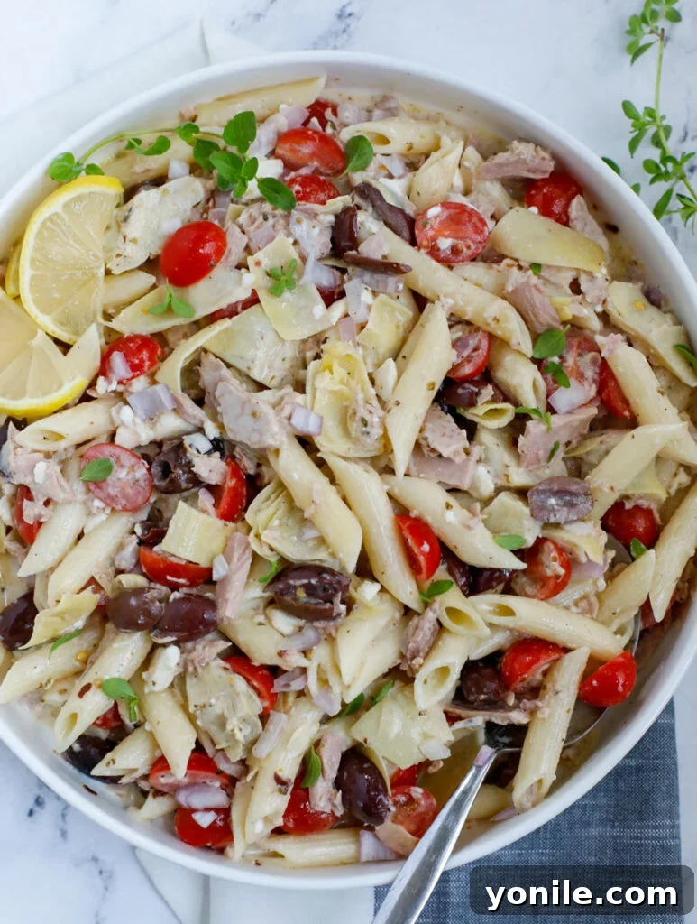 Mediterranean Tuna Pasta Salad 2 Top down shot of tuna pasta salad recipe in a bowl, showcasing fresh ingredients and a vibrant dressing.