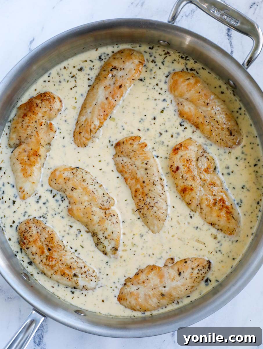Chicken tenders returning to the pan to simmer in the creamy sauce with broccoli.
