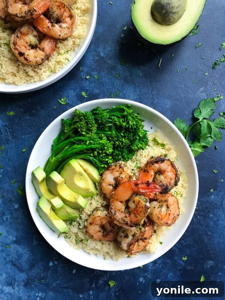 cilantro lime shrimp served with broccolini and avocado