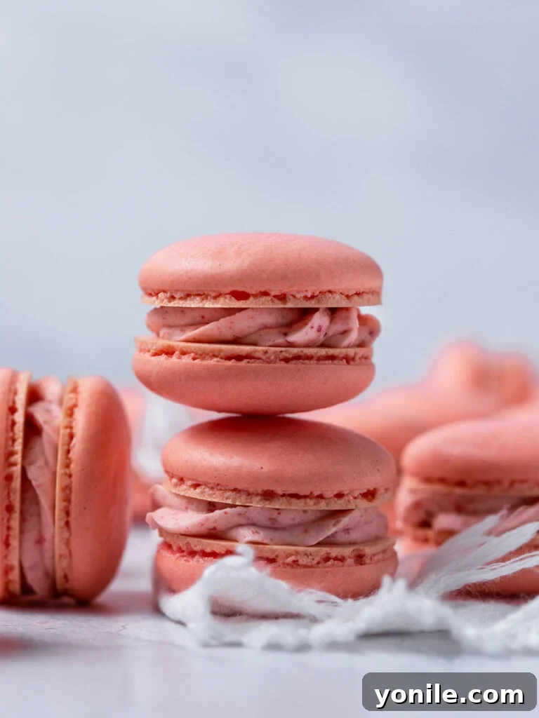 Blushing Strawberry Macarons 2 A stack of three perfectly piped and filled strawberry macarons.