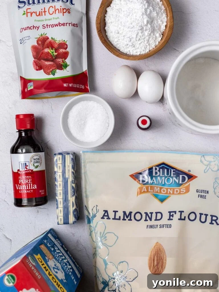 Blushing Strawberry Macarons 3 Overhead photo of ingredients required to make macarons, including powdered sugar, almond flour, eggs, and butter.