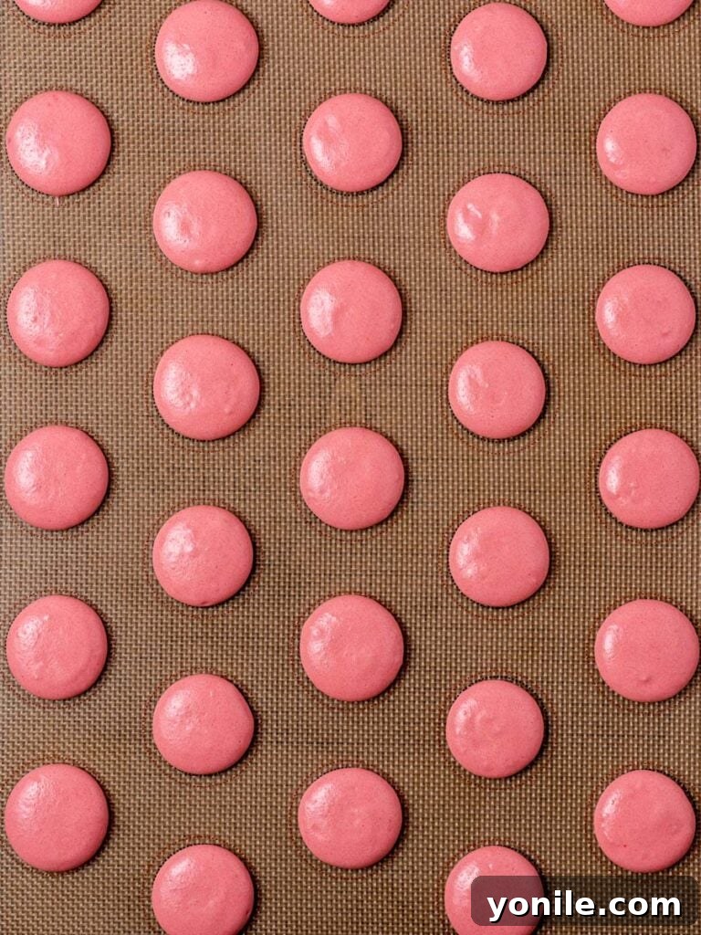 Blushing Strawberry Macarons 5 Macaron shells resting on a baking mat before baking.