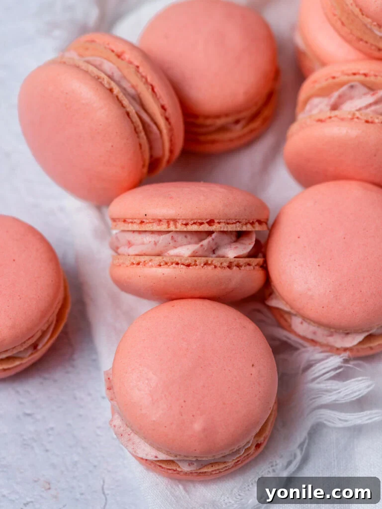 Blushing Strawberry Macarons 6 Multiple French macarons with varying shades of pink.