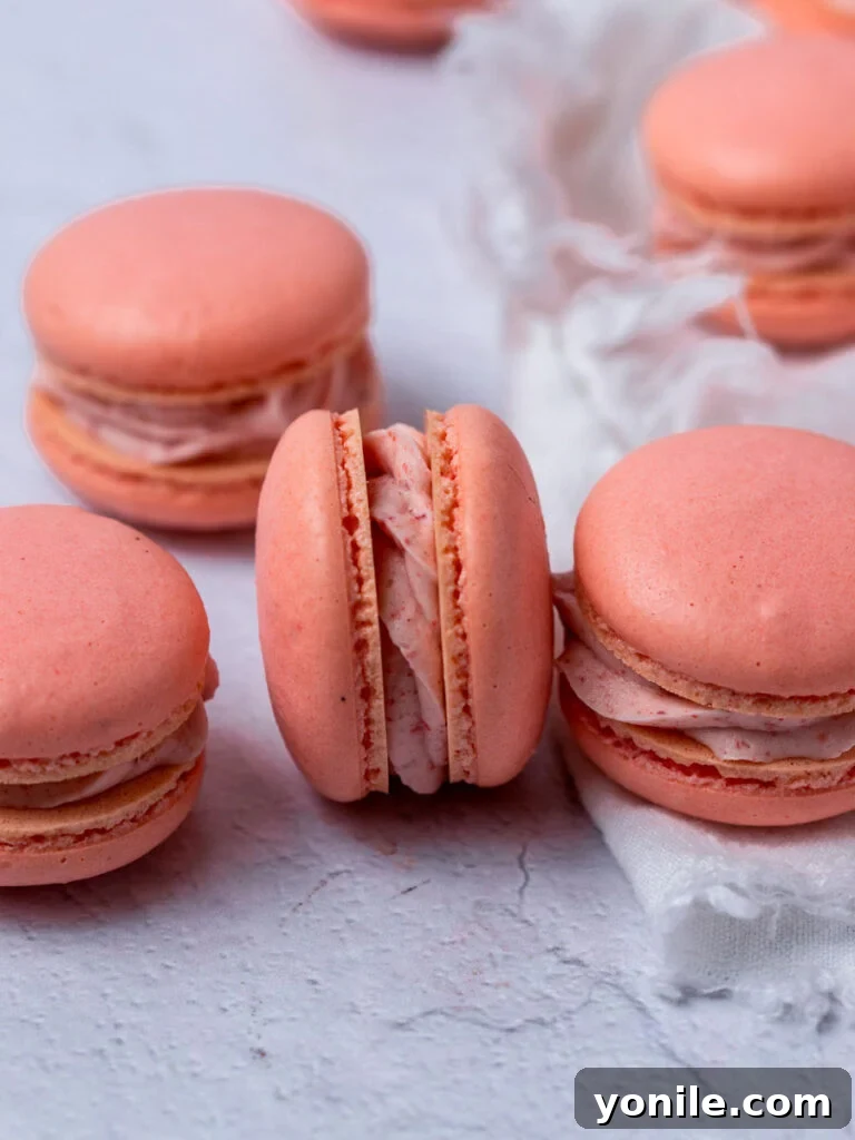 Blushing Strawberry Macarons 7 A group of perfectly baked pink French macarons.