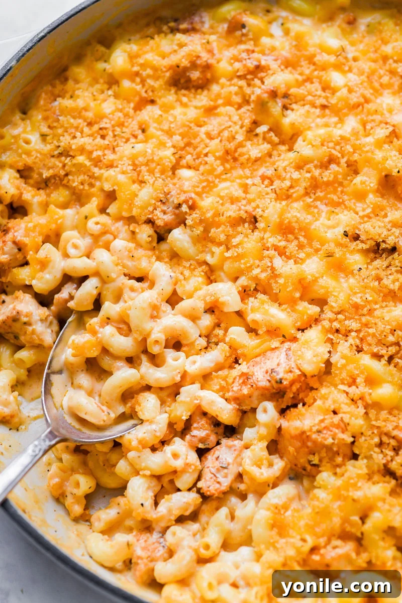 Close-up photo of a skillet filled with golden-brown Cajun Chicken Mac and Cheese, topped with crispy breadcrumbs and fresh parsley, ready to be served.