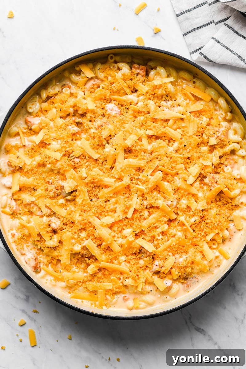 Skillet of Cajun Chicken Mac and Cheese, topped with cheddar cheese and seasoned breadcrumbs, ready for baking.