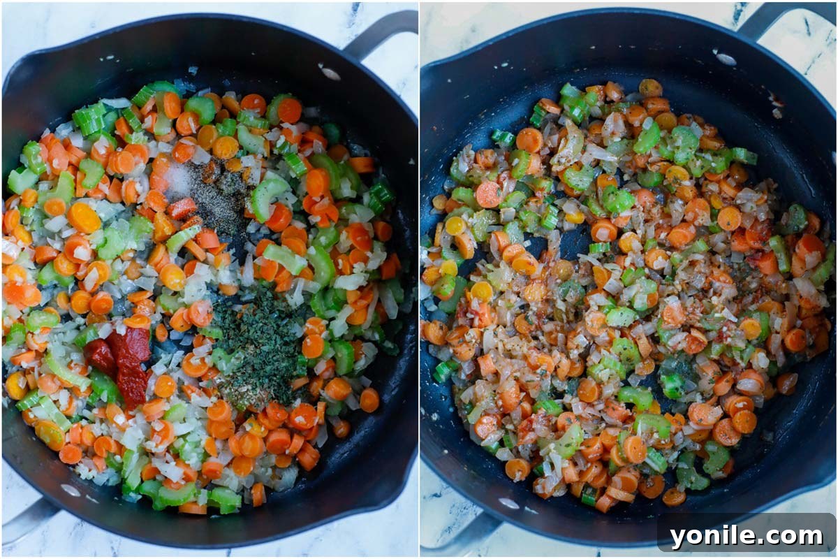 A two-panel image showing the cooking process. The first panel shows dried spices being added to sautéed vegetables in a pot. The second panel shows the spices mixed in, creating a rich, aromatic base for the soup.