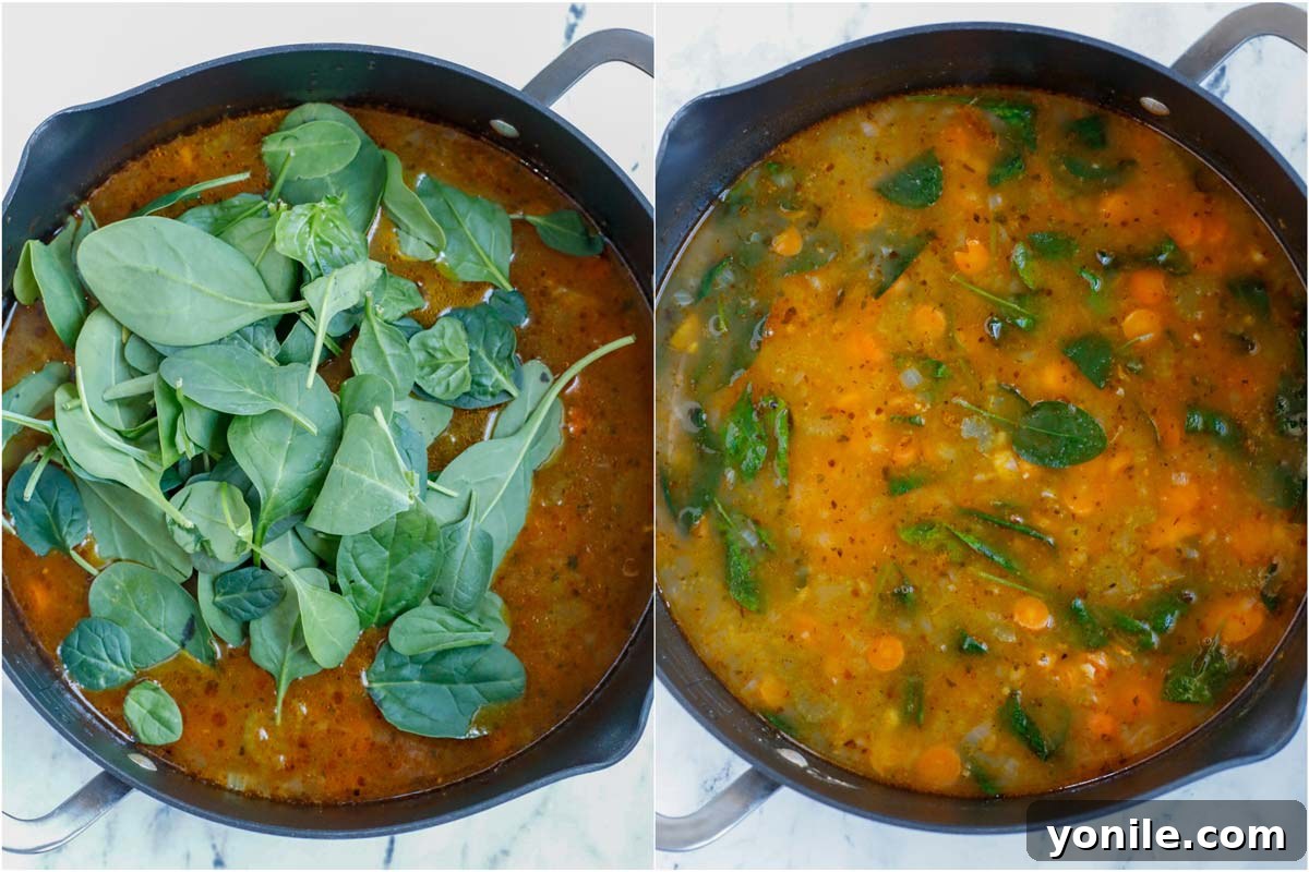 A dynamic two-panel image showcasing the final stages of soup preparation. The first panel captures a handful of fresh green spinach being added to a simmering pot of Tuscan White Bean Soup, while the second panel shows the vibrant spinach perfectly wilted and stirred into the hearty broth.