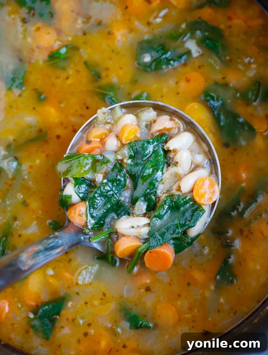 A wooden ladle overflowing with rich, golden Tuscan White Bean Soup, showcasing the tender white beans, vibrant greens, and diced vegetables, steam gently rising.