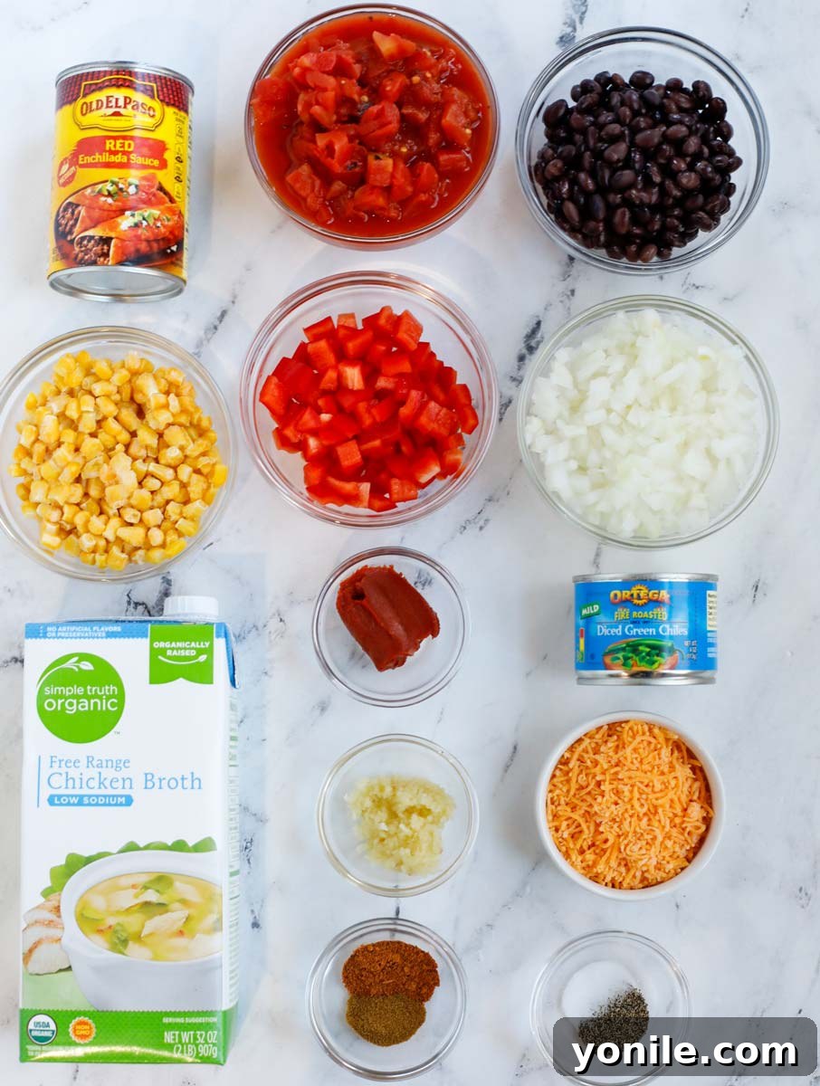Top down view of ingredients needed to make chicken enchilada soup, including chicken, vegetables, and spices.