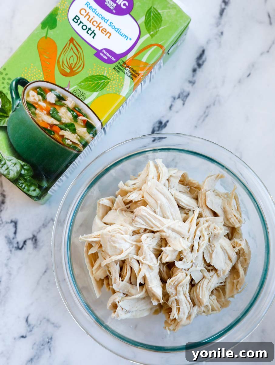 Shredded cooked chicken breast alongside a bowl of chicken broth, ready for soup preparation.