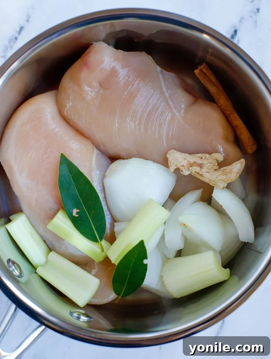A pot on the stovetop filled with raw chicken breasts, sliced onions, and bay leaves submerged in water.