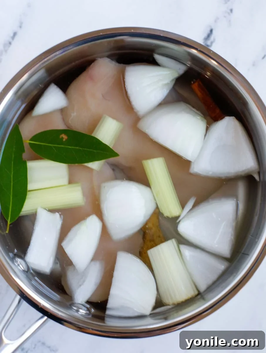 Close-up of chicken breasts simmering in a pot with onions and water, illustrating the cooking process.