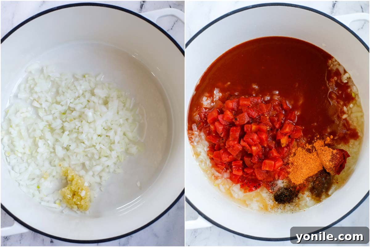 A set of two photos showing the initial steps of making enchilada soup: first, sautéing aromatics, and second, adding enchilada sauce, fire-roasted tomatoes, spices, and salt to the pot.