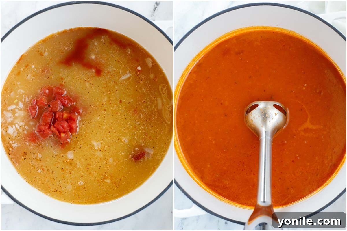 A set of two photos illustrating the simmering and blending steps of enchilada soup: first, the soup gently simmering in a pot, and second, an immersion blender being used to blend the soup.