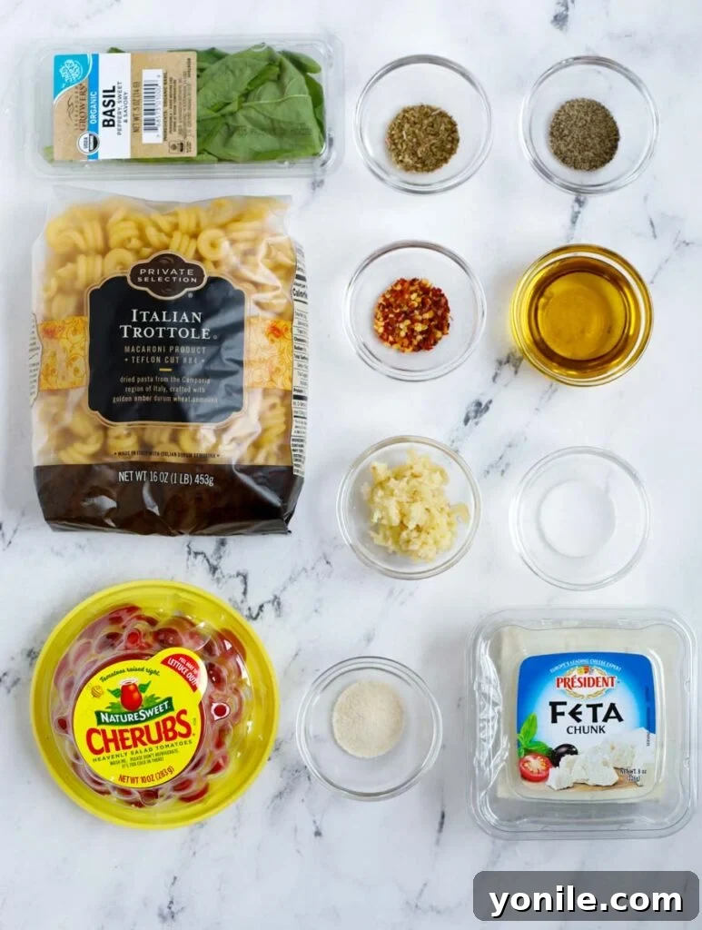 A vibrant assortment of ingredients for baked feta pasta, including fresh cherry tomatoes, a block of feta, a bunch of basil, and various spices.