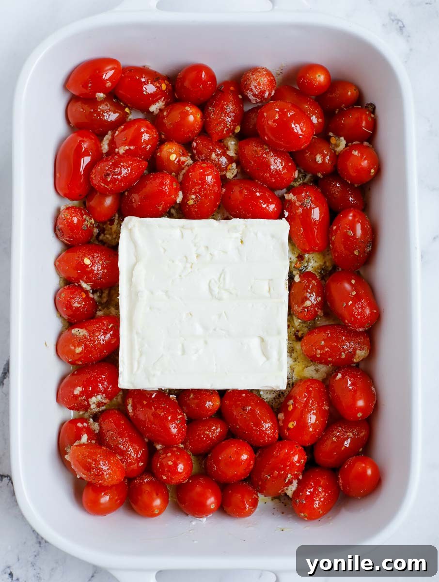 A block of feta cheese placed in the center of the seasoned cherry tomatoes in a baking dish, prepared for baking.
