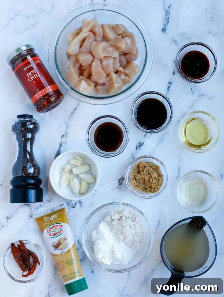 No Fuss General Tsos Chicken 3 Overhead image of ingredients needed to make general tso chicken, laid out on a white surface.