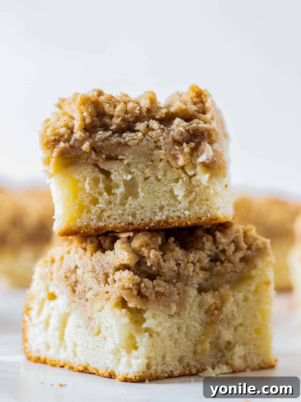 Two generous pieces of apple crumb cake, stacked to show off their layers of crumb and moist cake.