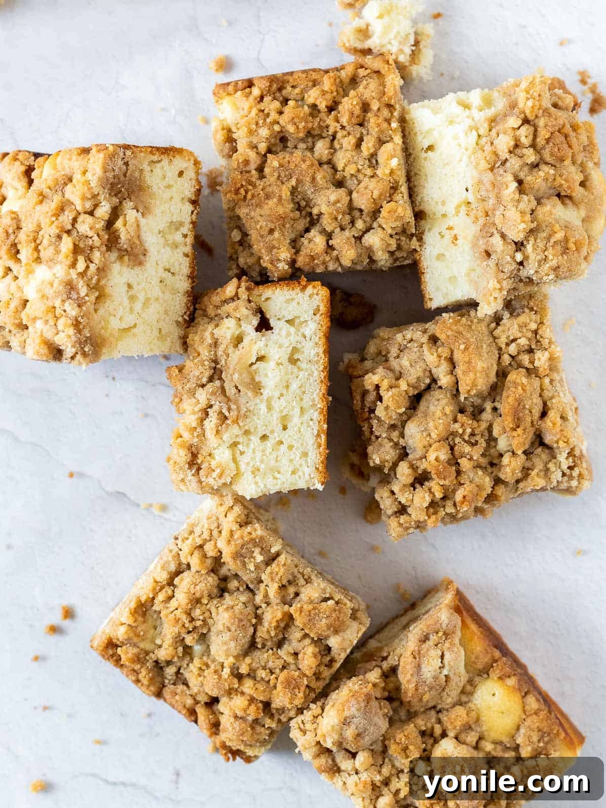 Precisely cut square pieces of apple crumb cake arranged artfully, showcasing the golden crust and tender interior.