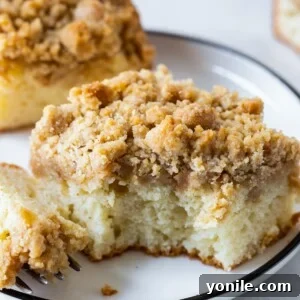 A slice of Cinnamon Apple Crumb Cake on a plate, ready to be enjoyed.